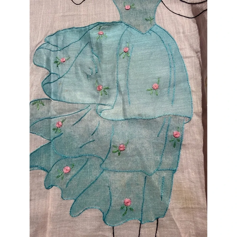 Vintage 1920s Art Deco Tea Apron Hand Painted Flapper Girl Chinoiserie Pink Blue